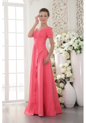 Short Sleeves Coral Red Scoop Satin Bridesmiad Dress