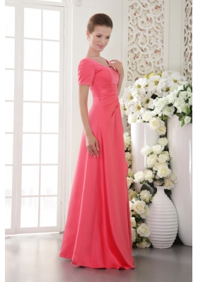 Short Sleeves Coral Red Scoop Satin Bridesmiad Dress