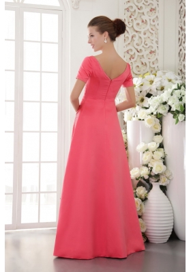 Short Sleeves Coral Red Scoop Satin Bridesmiad Dress