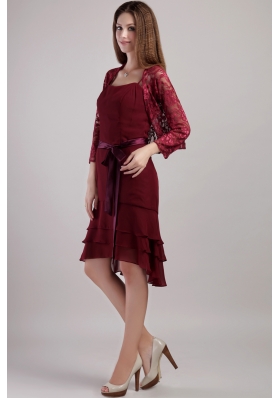 Spaghetti Straps Burgundy Layered Bridesmaid Dress Jacket