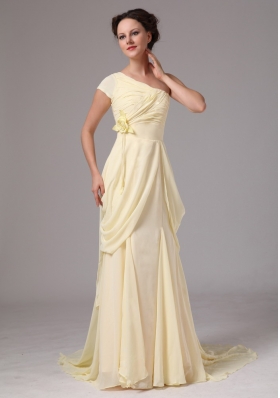 One Cap Sleeve Chiffon Brush Train Yellow Bridesmaid Dress