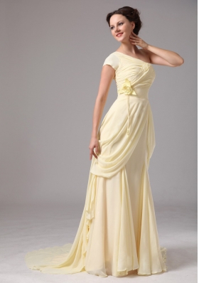 One Cap Sleeve Chiffon Brush Train Yellow Bridesmaid Dress