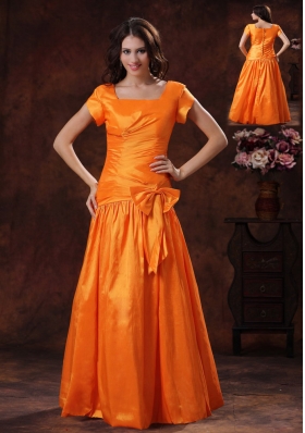 Cap Sleeves Orange Mother Of The Bride Dress Square Neckline