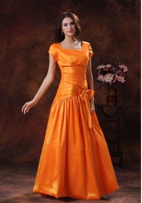 Cap Sleeves Orange Mother Of The Bride Dress Square Neckline