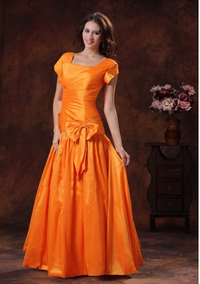 Cap Sleeves Orange Mother Of The Bride Dress Square Neckline