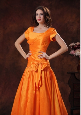 Cap Sleeves Orange Mother Of The Bride Dress Square Neckline