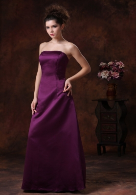 Dark Purple Strapless Satin Floor-length Bridesmaid Dress