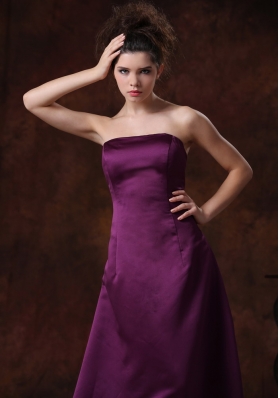 Dark Purple Strapless Satin Floor-length Bridesmaid Dress