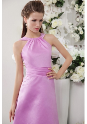 Lavender Empire High-neck Knee-length Satin Bridesmaid Dress