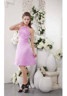 Lavender Empire High-neck Knee-length Satin Bridesmaid Dress