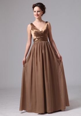 V-neck Brown Ruched Mother Of The Bride Dress Straps