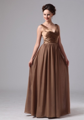 V-neck Brown Ruched Mother Of The Bride Dress Straps