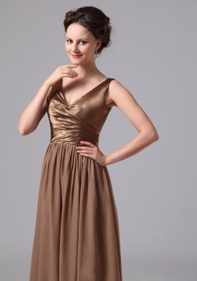 V-neck Brown Ruched Mother Of The Bride Dress Straps