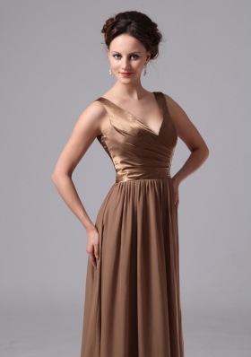 V-neck Brown Ruched Mother Of The Bride Dress Straps