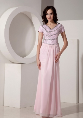 Short Sleeves Baby Pink Evening Dress Chiffon Beading