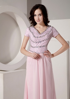 Short Sleeves Baby Pink Evening Dress Chiffon Beading