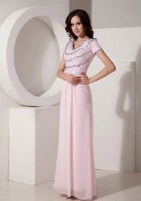 Short Sleeves Baby Pink Evening Dress Chiffon Beading