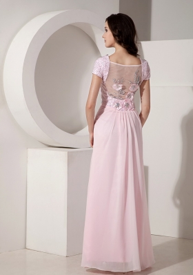 Short Sleeves Baby Pink Evening Dress Chiffon Beading