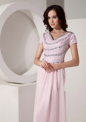 Short Sleeves Baby Pink Evening Dress Chiffon Beading