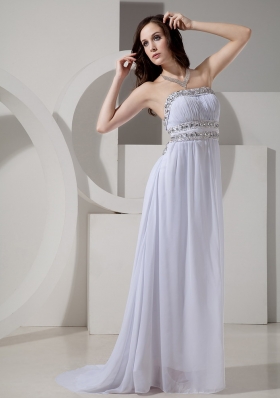 Strapless Beaded Sweep Train Prom Gowns Chiffon Ruched