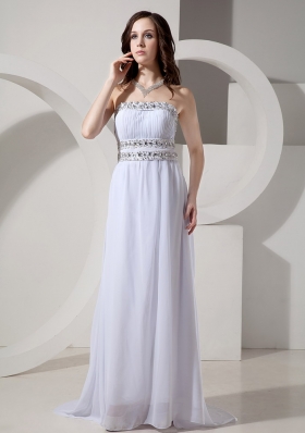 Strapless Beaded Sweep Train Prom Gowns Chiffon Ruched