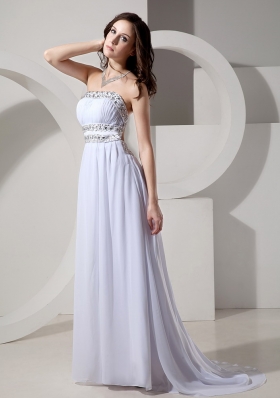 Strapless Beaded Sweep Train Prom Gowns Chiffon Ruched