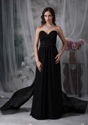 Watteau Train Black Empire Chiffon Evening Dress