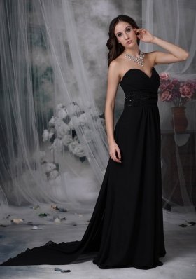 Watteau Train Black Empire Chiffon Evening Dress