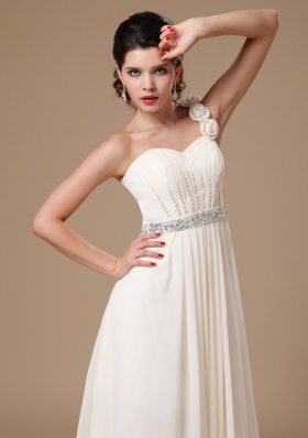 One Shoulder Beaded White Prom Gowns Handmade Flowers