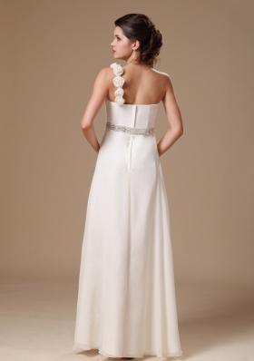 One Shoulder Beaded White Prom Gowns Handmade Flowers