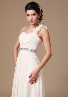 One Shoulder Beaded White Prom Gowns Handmade Flowers