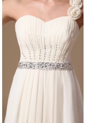 One Shoulder Beaded White Prom Gowns Handmade Flowers