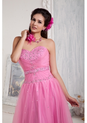 Pink Prom Dress Empire Sweetheart Floor-length Tulle Beading