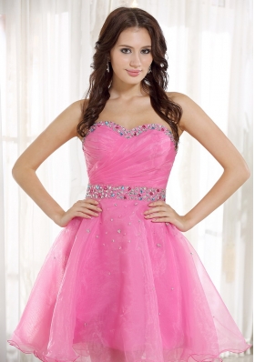 Beaded Pink Organza Knee-length Prom Homecoming Dress