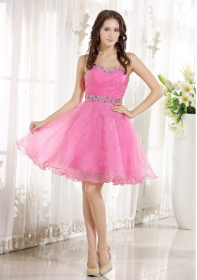 Beaded Pink Organza Knee-length Prom Homecoming Dress