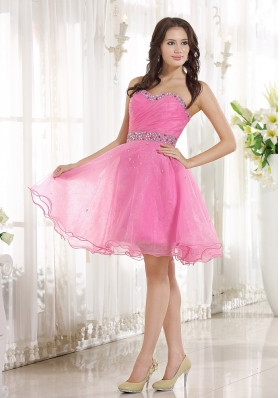 Beaded Pink Organza Knee-length Prom Homecoming Dress