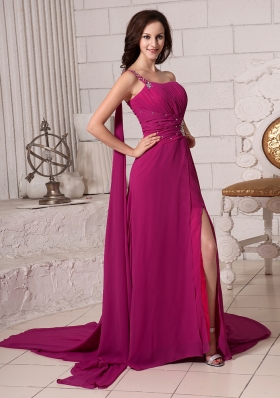 Watteau Train One Shoulder Fuchsia High Split Prom Gowns