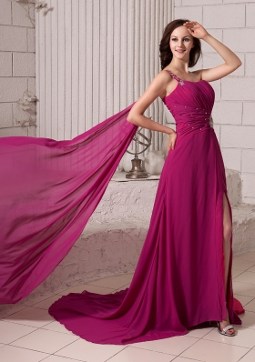 Watteau Train One Shoulder Fuchsia High Split Prom Gowns