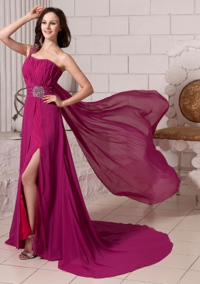 Watteau Train One Shoulder Fuchsia High Split Prom Gowns