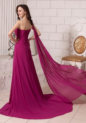 Watteau Train One Shoulder Fuchsia High Split Prom Gowns