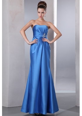 Sky Blue Strapless Beading Prom Dress Ankle-length Satin