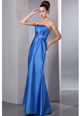 Sky Blue Strapless Beading Prom Dress Ankle-length Satin