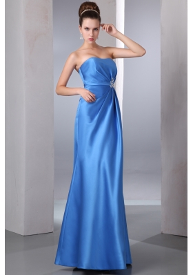 Sky Blue Strapless Beading Prom Dress Ankle-length Satin