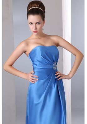 Sky Blue Strapless Beading Prom Dress Ankle-length Satin