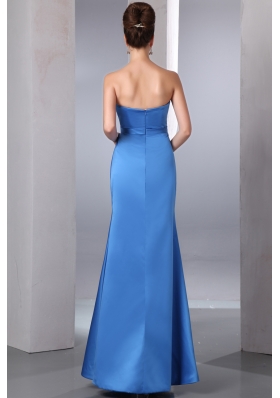 Sky Blue Strapless Beading Prom Dress Ankle-length Satin