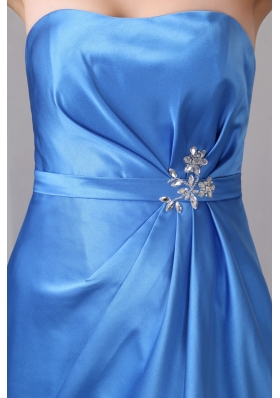 Sky Blue Strapless Beading Prom Dress Ankle-length Satin