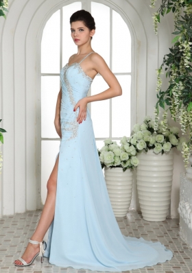 Cross Straps High Slit Light Blue Prom Dress Beaded