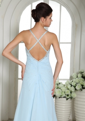 Cross Straps High Slit Light Blue Prom Dress Beaded