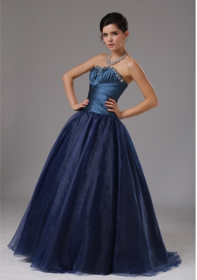 Ruched Blue A-line Strapless Organza Prom Gown Dress