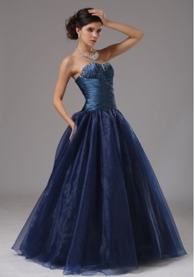 Ruched Blue A-line Strapless Organza Prom Gown Dress